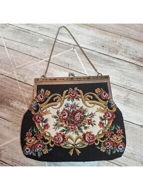 Vintage Tapestry Needlepoint Purse Womens Kiss Lock Evening Bag Black Floral 50s